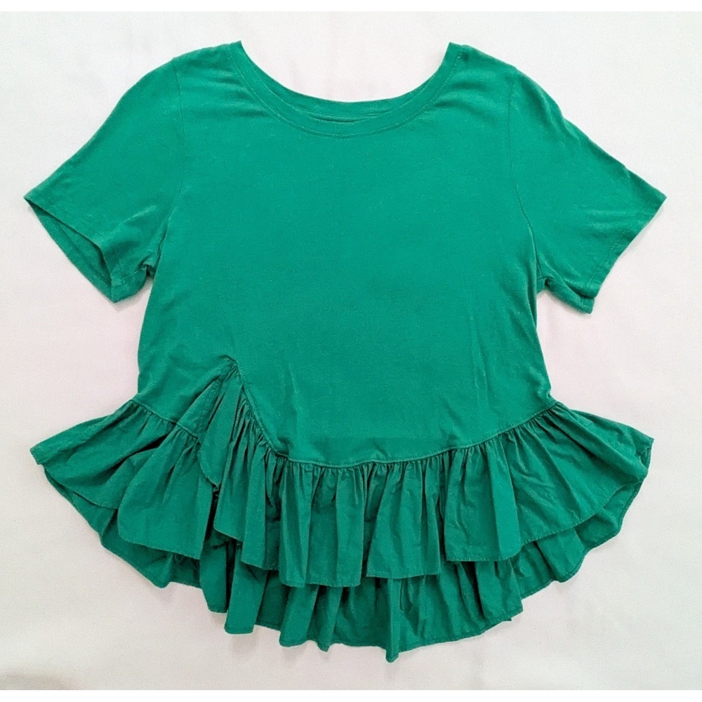 Maeve By Anthropologie Ruffle-Hem Short Sleeve Blouse Top Green Women's Medium M